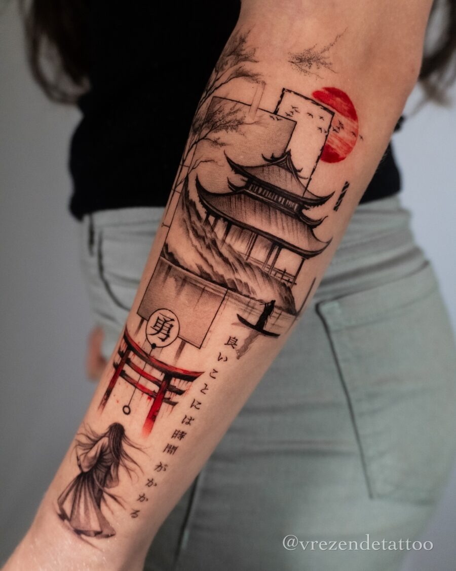 Stunning Japanese traditional tattoo with scenic elements Tattoo Design