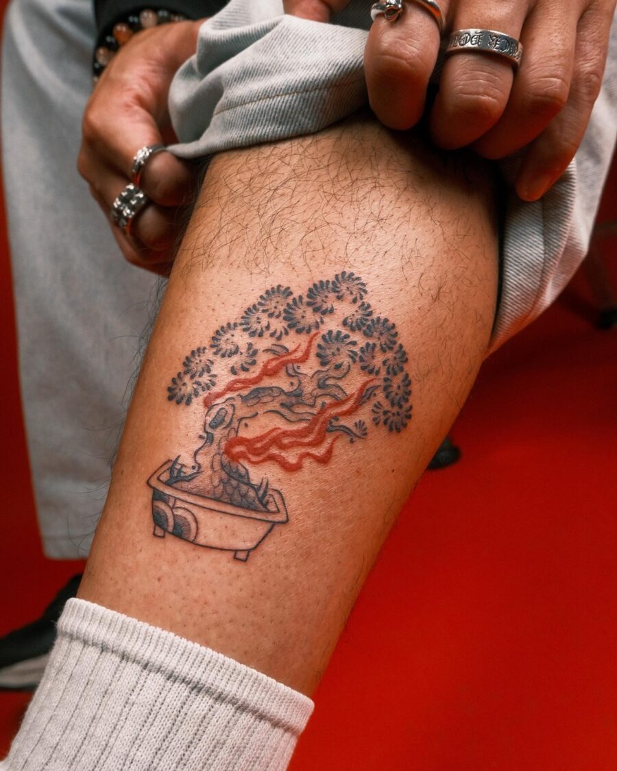 Symbolic bonsai tree tattoo with vibrant hues Tattoo Design