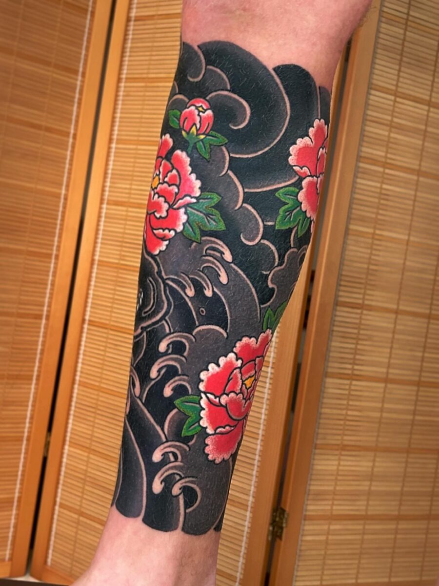 Vibrant Japanese Peony and Wave Tattoo Design Tattoo Design