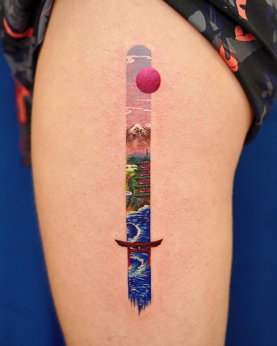Vibrant Japanese Tattoo Featuring a Sword Scene Tattoo Design