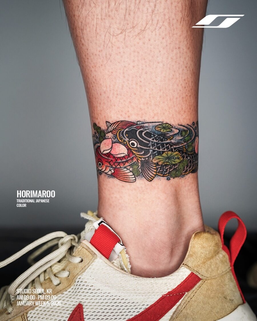 Vibrant Japanese tattoo featuring koi and nature Tattoo Design