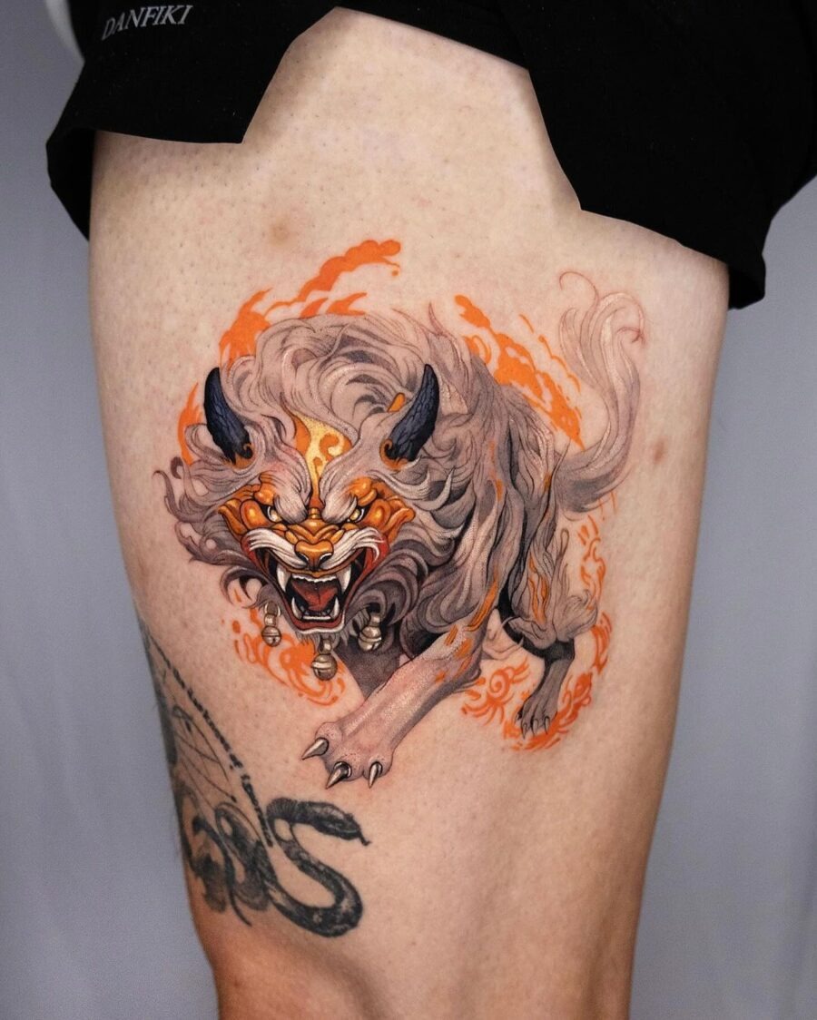 Vibrant Japanese tattoo of a fierce creature Tattoo Design