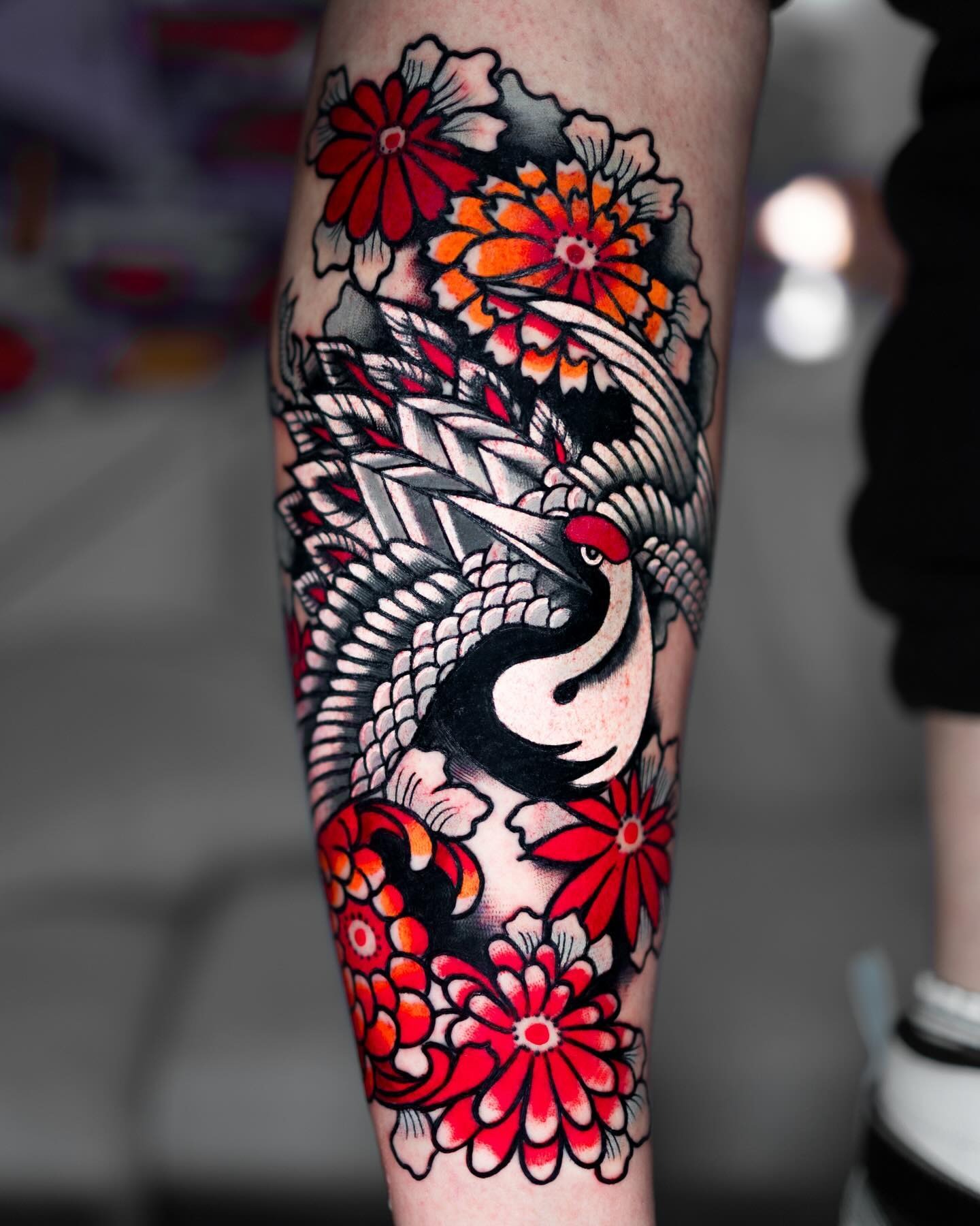Crane and Chrysanthemum Japanese Traditional Tattoo Tattoo Design