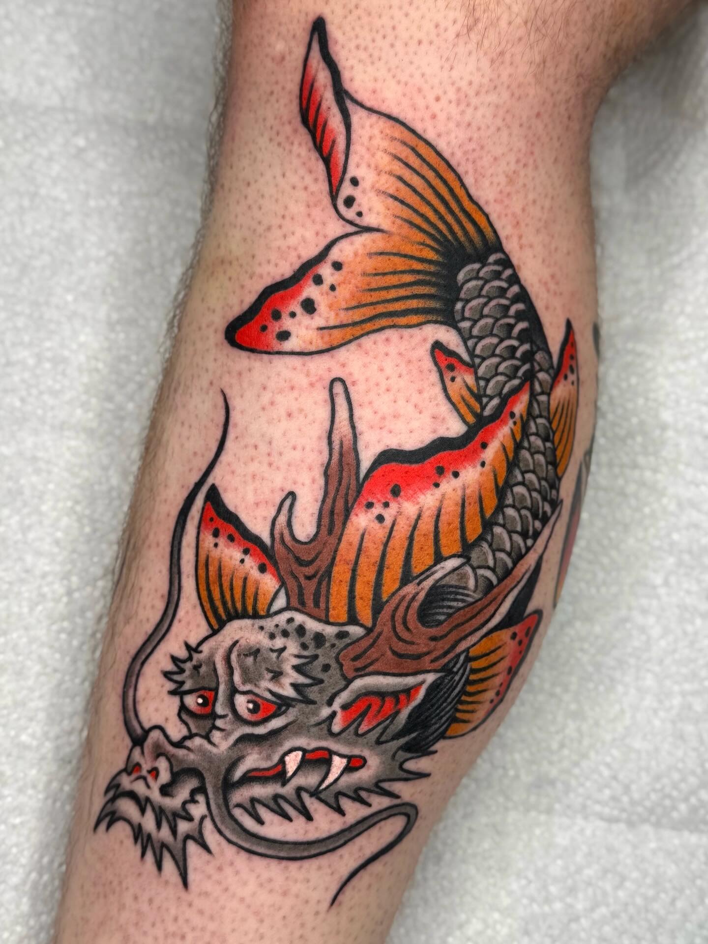 Dragon and Koi Japanese Traditional Tattoo Tattoo Design