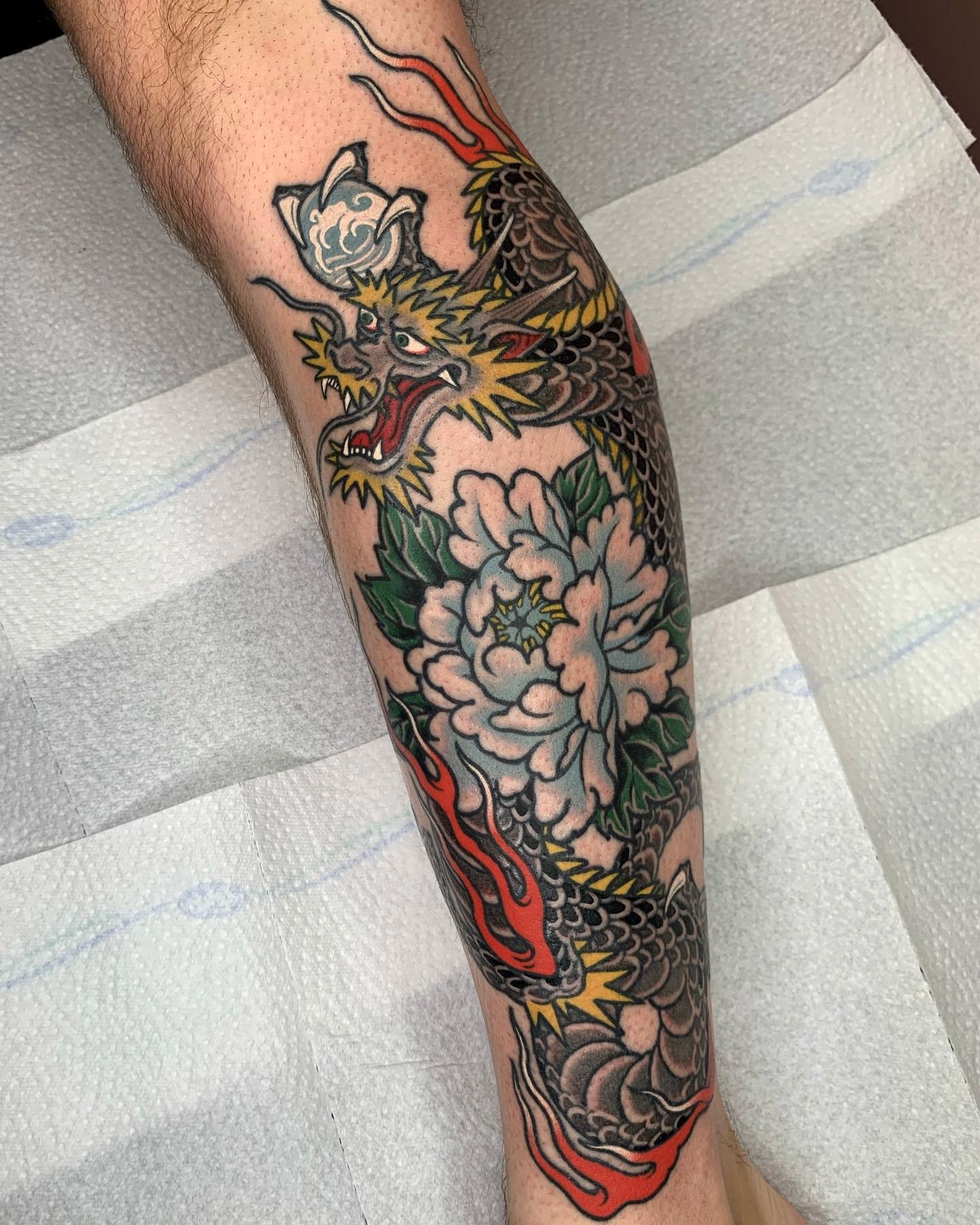 Dragon and Peony Japanese Traditional Tattoo Tattoo Design