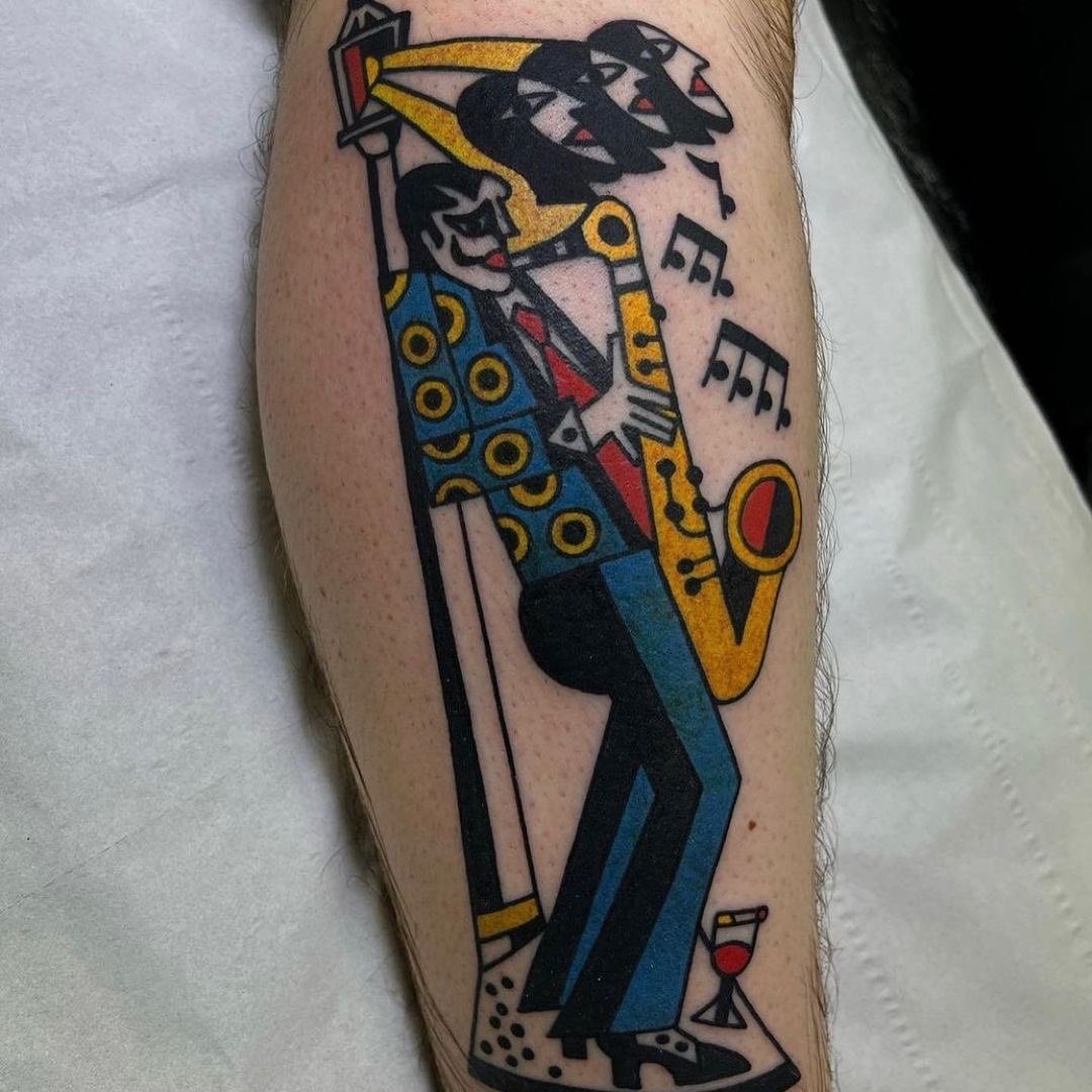 Dynamic jazz tattoo showcasing vibrant musical energy Tattoo Design