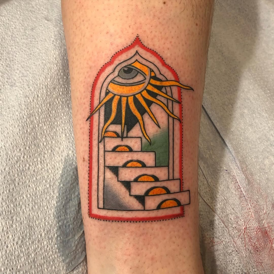 Intriguing tattoo of an eye and stairs Tattoo Design