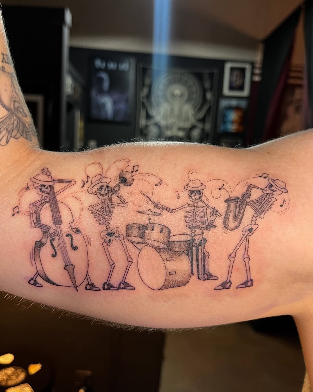 Skeleton Band Celebrating Jazz in Ink Tattoo Design