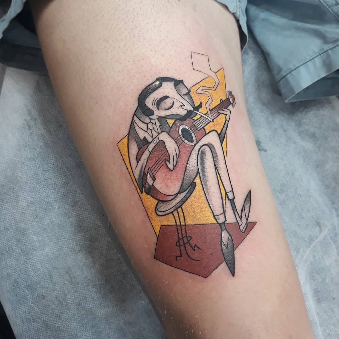 Stylish jazz guitarist tattoo with vibrant colors Tattoo Design
