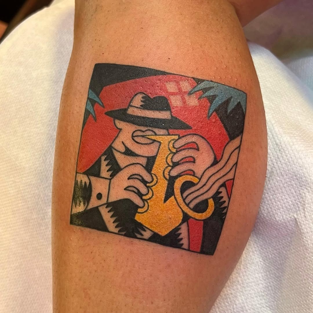 Stylish saxophonist jazz tattoo design in color Tattoo Design