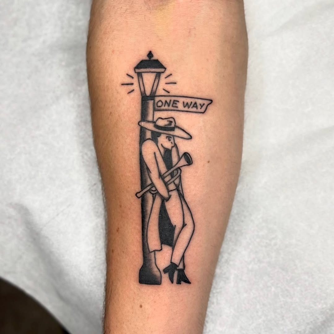 Unique jazz player tattoo with street sign inspiration Tattoo Design