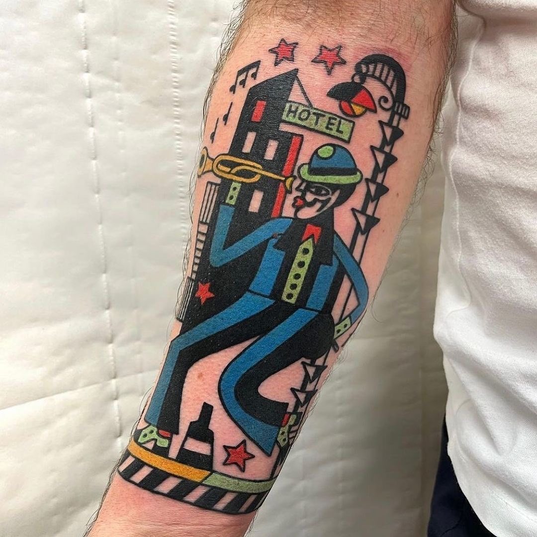 Vibrant saxophonist tattoo with urban flair Tattoo Design