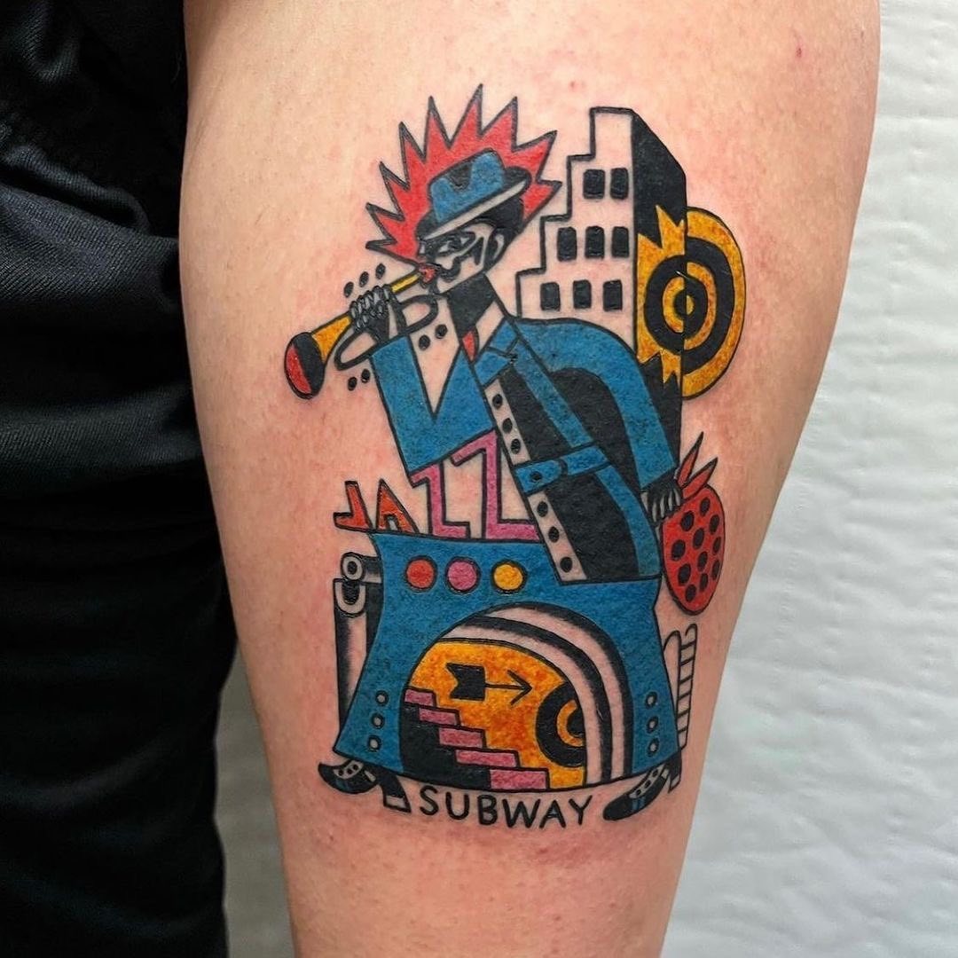 Vibrant subway jazz musician tattoo design Tattoo Design