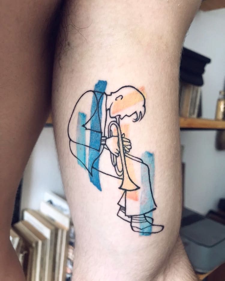 Vibrant trumpet player jazz tattoo in action Tattoo Design