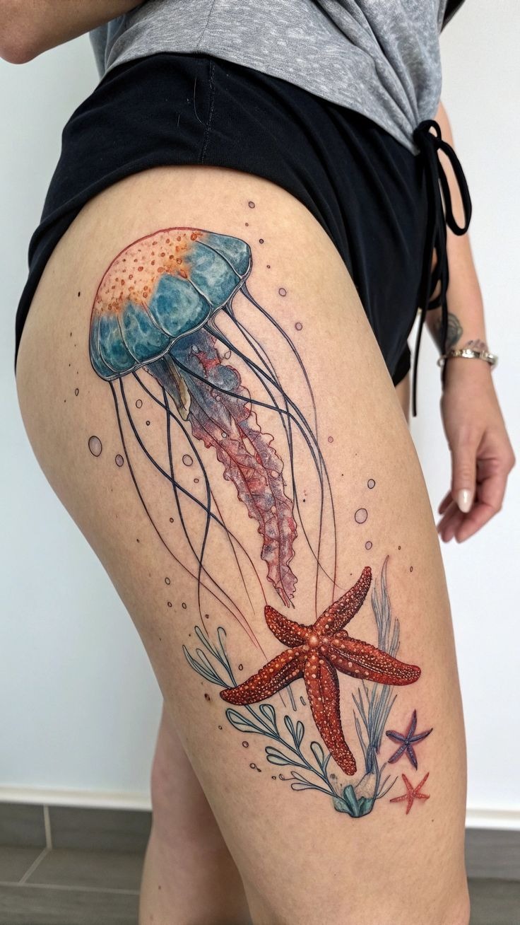 Vibrant underwater half sleeve tattoo featuring a colorful jellyfish, starfish, and coral branches