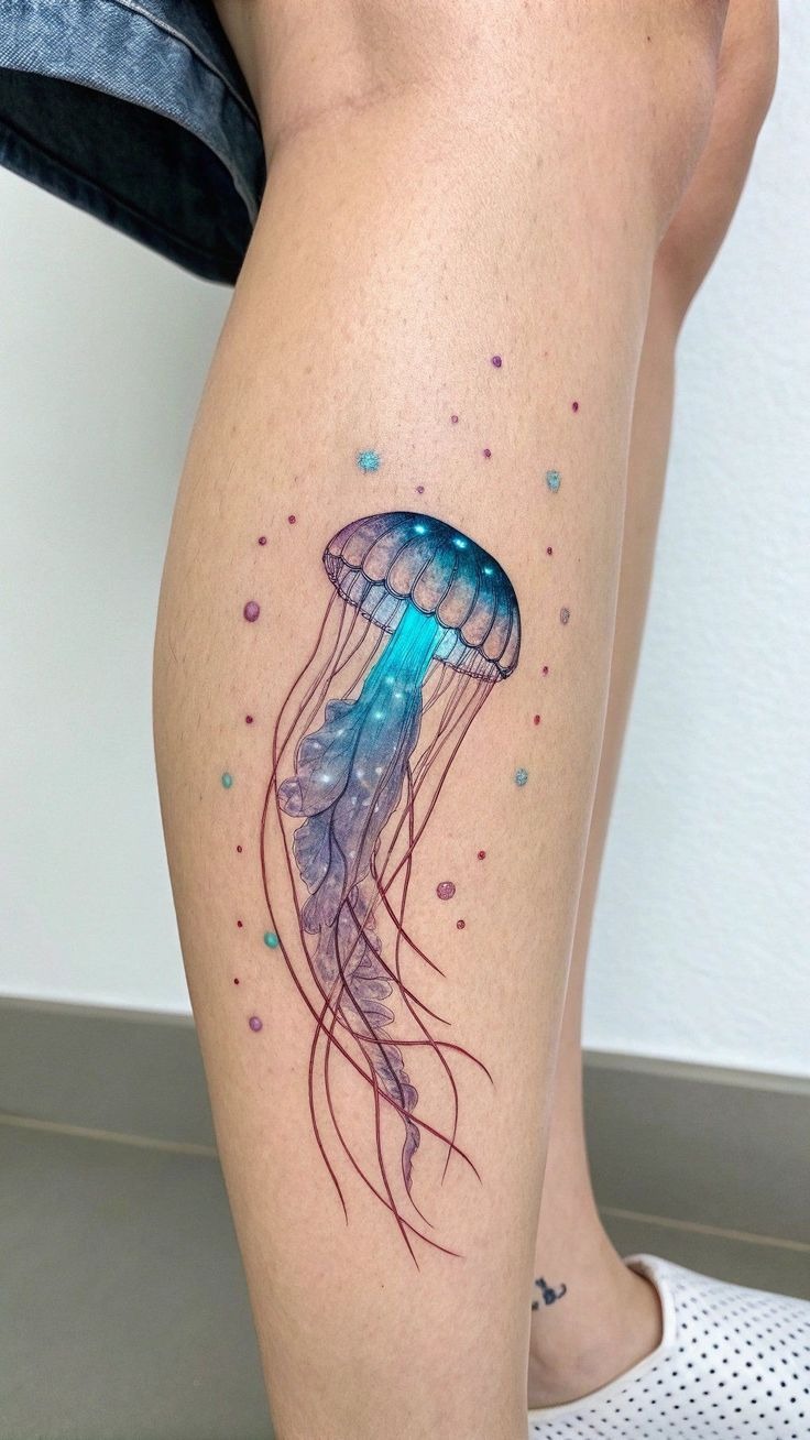 Bioluminescent deep sea jellyfish tattoo saturated in deep indigo and electric purple ink