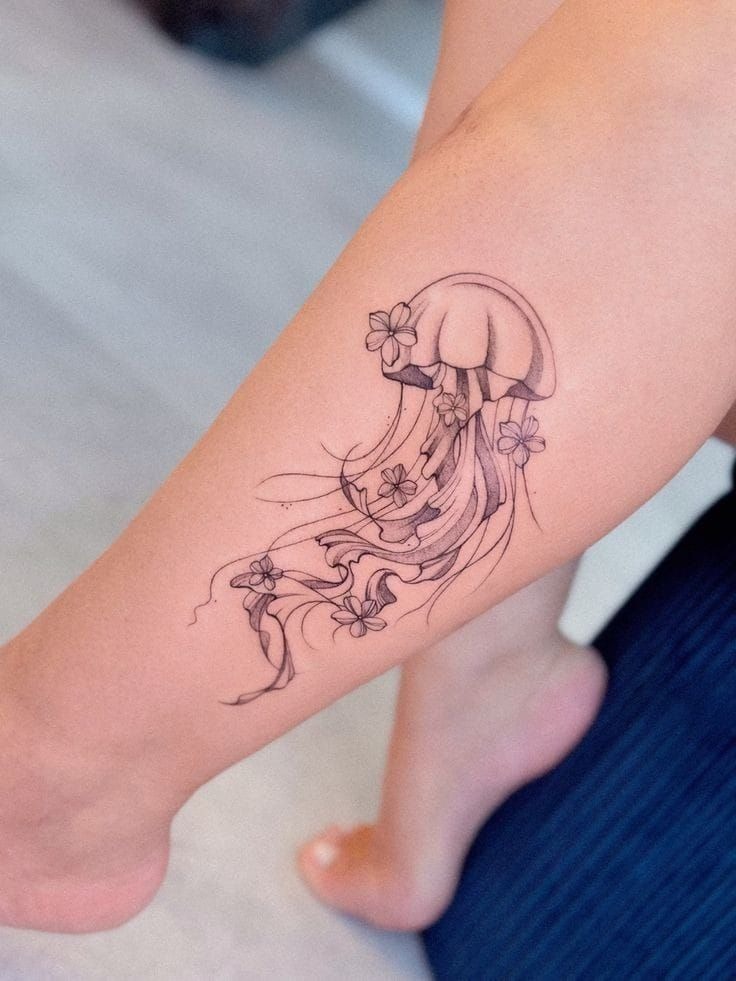 Single needle black ink jellyfish tattoo with delicate wildflower stems flowing into tentacles