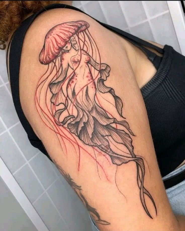 Mythological jellyfish goddess silhouette blending human facial contours with ocean tendrils