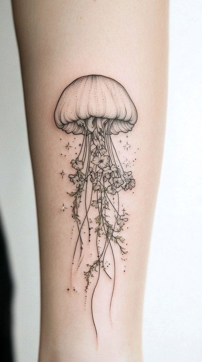 Delicate pastel watercolor jellyfish surrounded by tiny floating cherry blossom petals