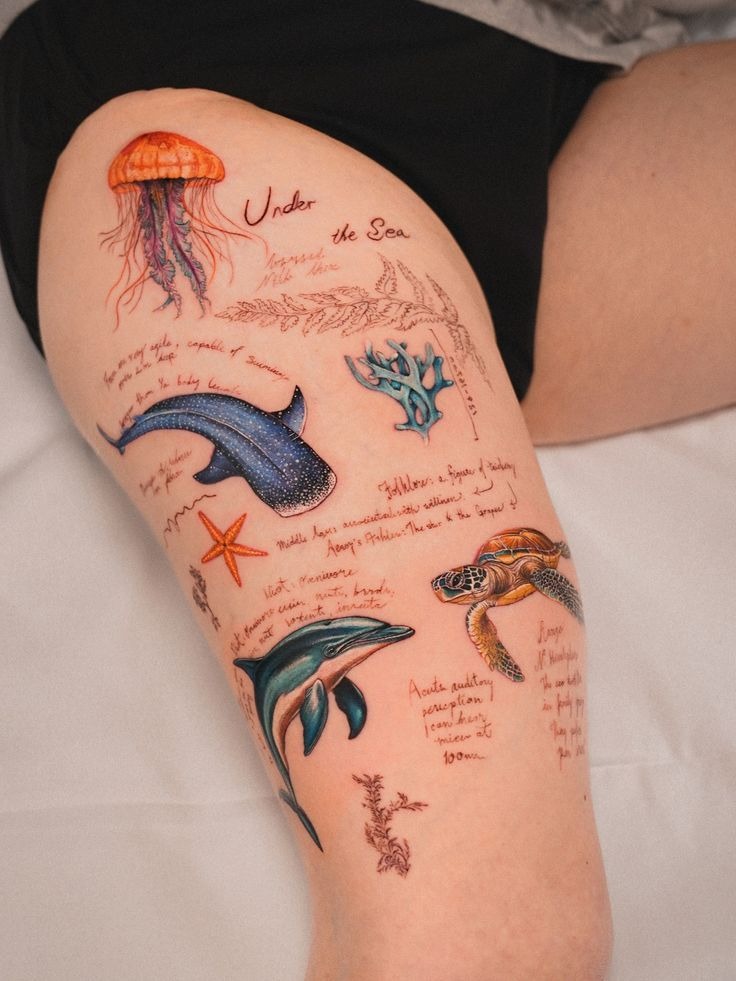 Victorian scientific illustration jellyfish tattoo with handwritten field notes and anatomical detail