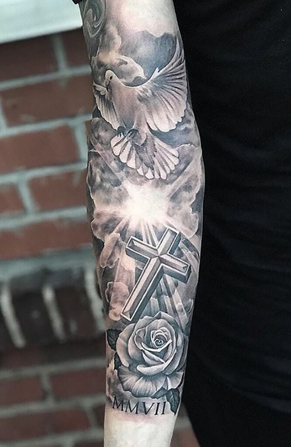 3D Cross Tattoo in the Sky with Roses and a Dove Tattoo Design
