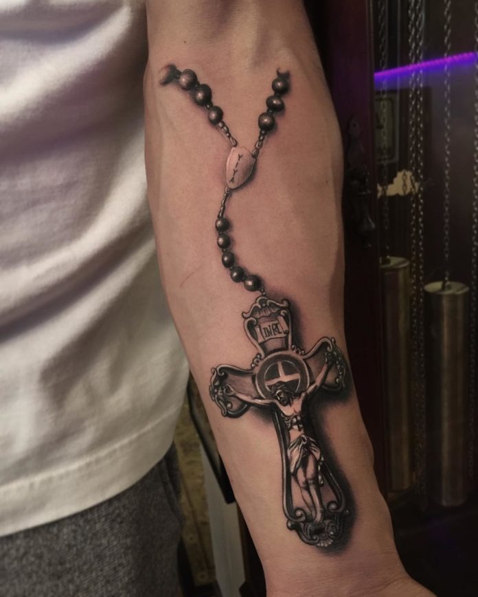 3D Rosary and Jesus Portrait Cross Tattoo Tattoo Design