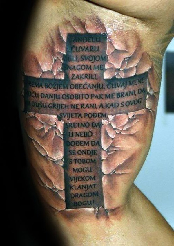 Andelu Cuvaru Cross Tattoo with Broken Rock Background Tattoo Design