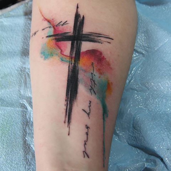 Artsy Paint Stroke Cross Tattoo with Watercolor Background Tattoo Design