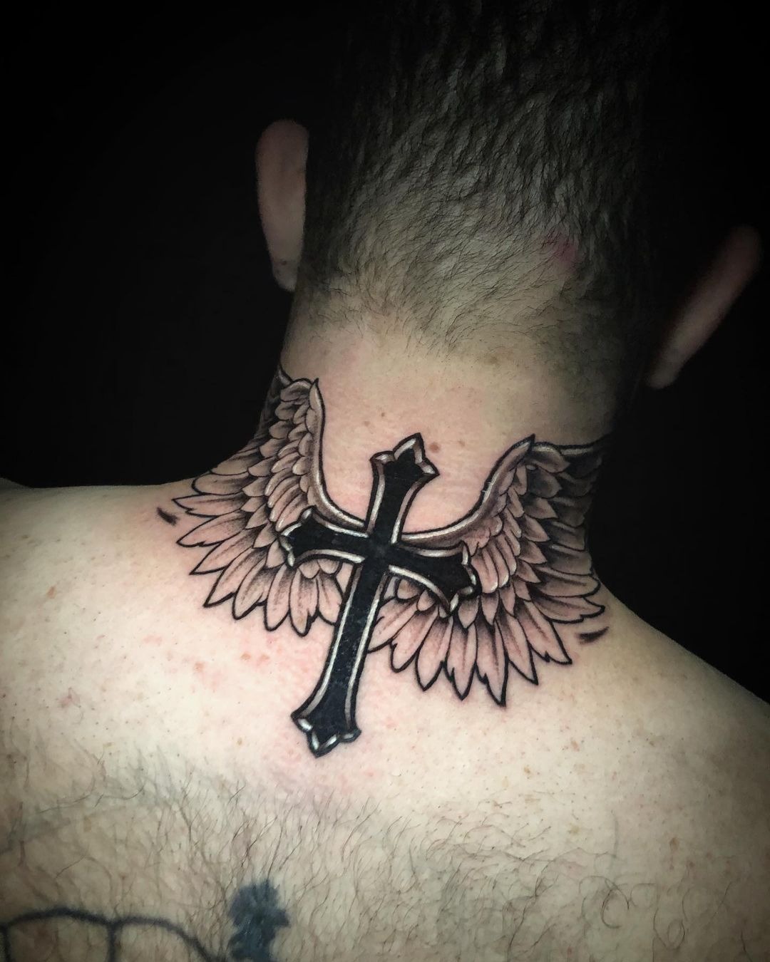 Beautiful Black and Silver Cross Tattoo with Angel Wings Tattoo Design