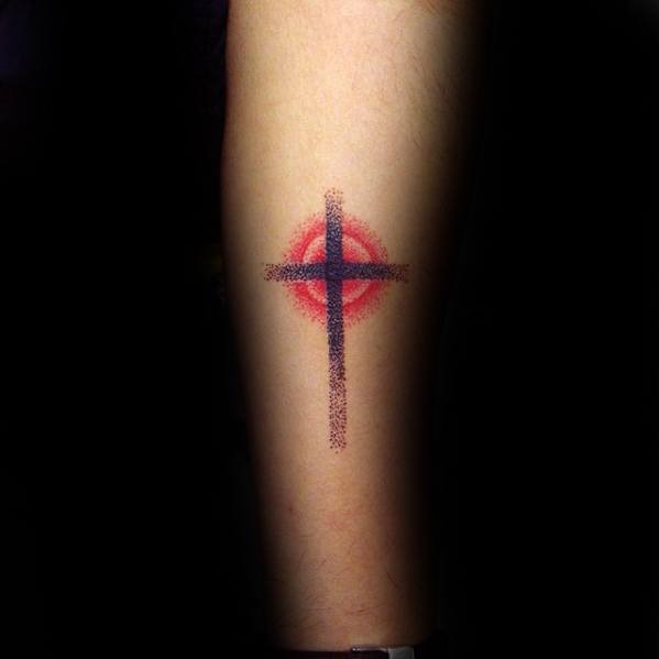 Best Friend TattooIdea: Simple Faded Cross Tattoo with a Red Circular Background Tattoo Design