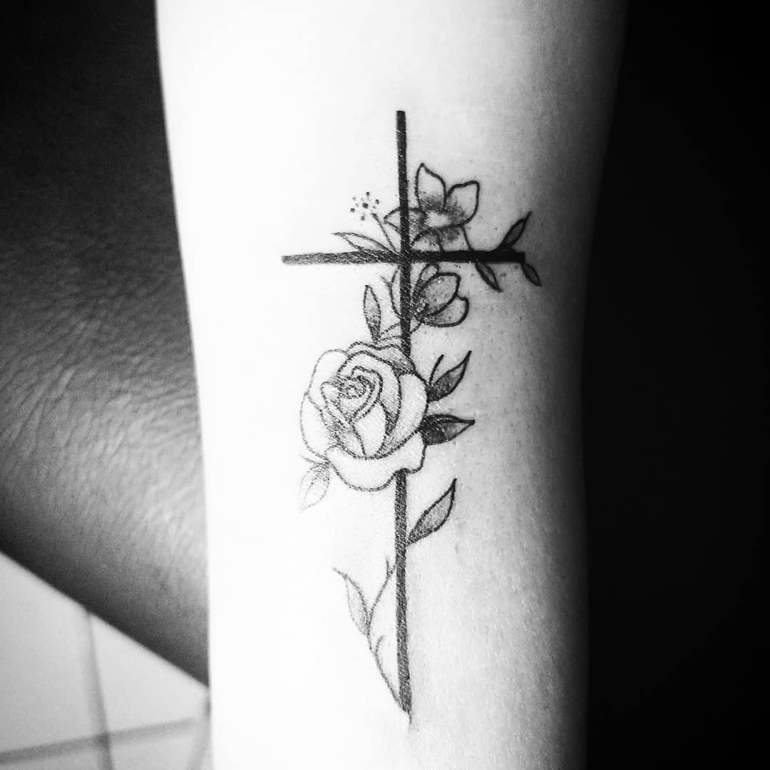 Black andWhite Tattooof Simple Cross with Flowers Tattoo Design
