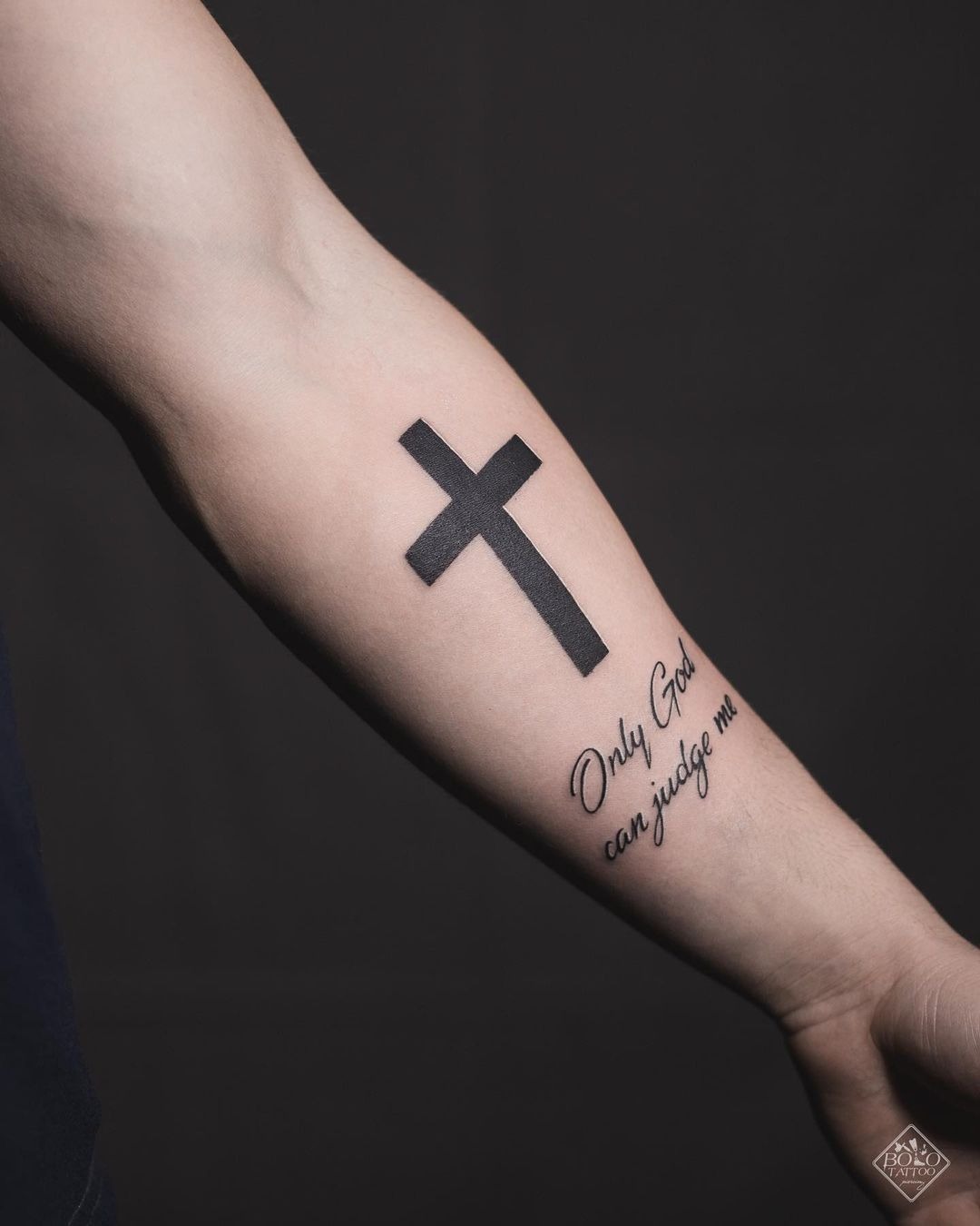 Black Cross Tattoo with “Only God can Judge Me” Tattoo Design
