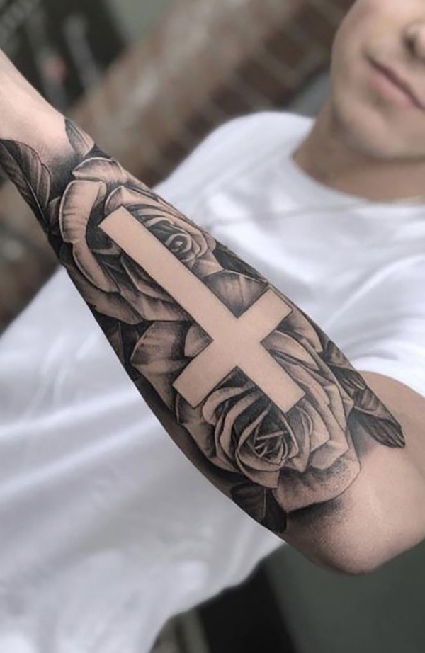 Blank Cross Tattoo Outline with Floral Background Tattoo Design