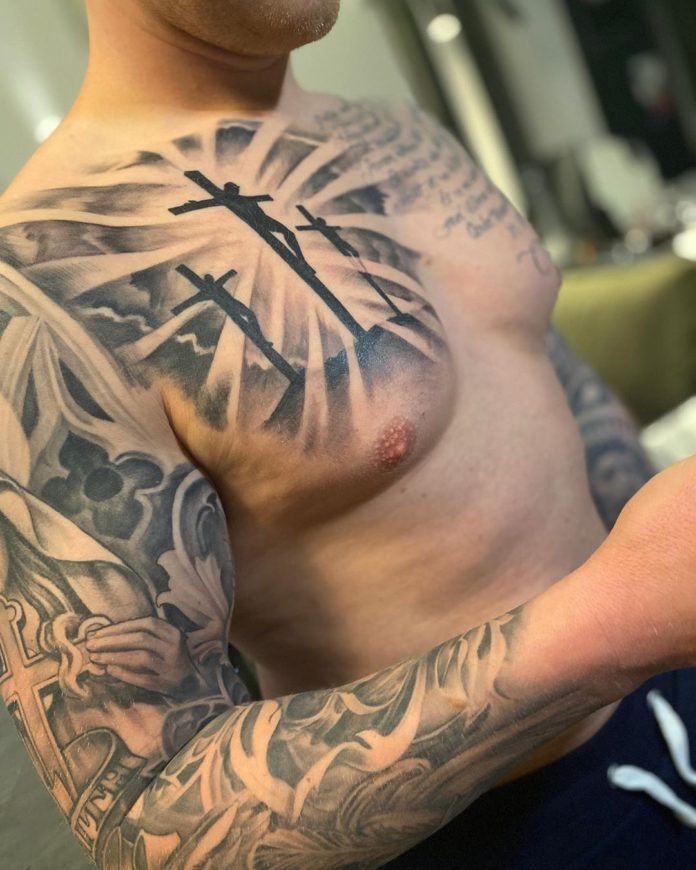 Chest Cross Tattoo of the Three Crosses on Calvary Tattoo Design