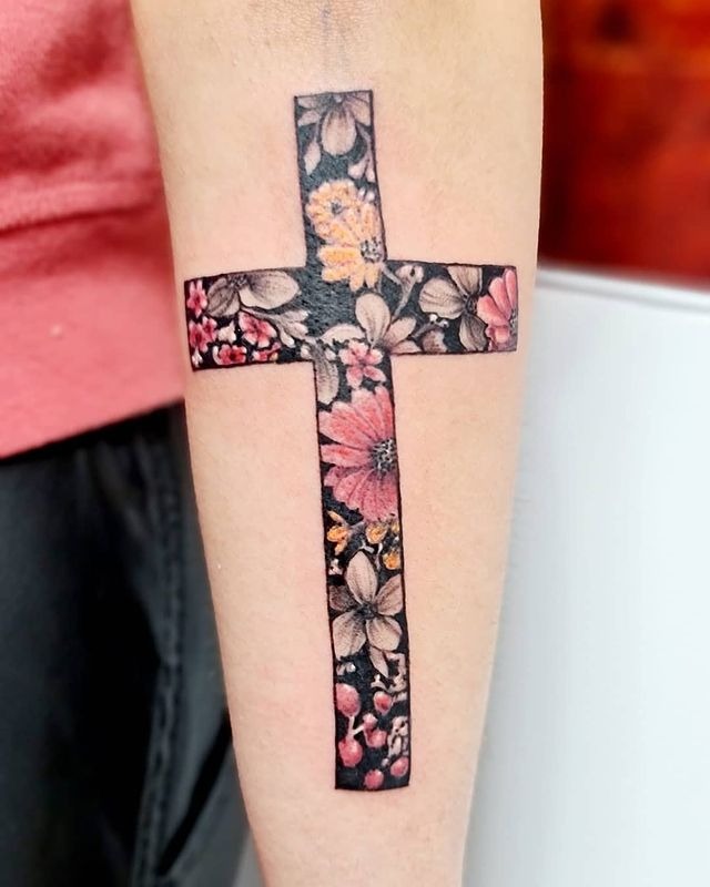 Cross Forearm Tattoo: Black Forearm Cross Tattoos with Colorful Flowers Tattoo Design