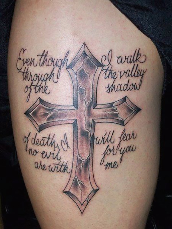 Cross Tattoo Designs: Cracked Pointed Cross Tattoo with a Bible Verse Tattoo Design