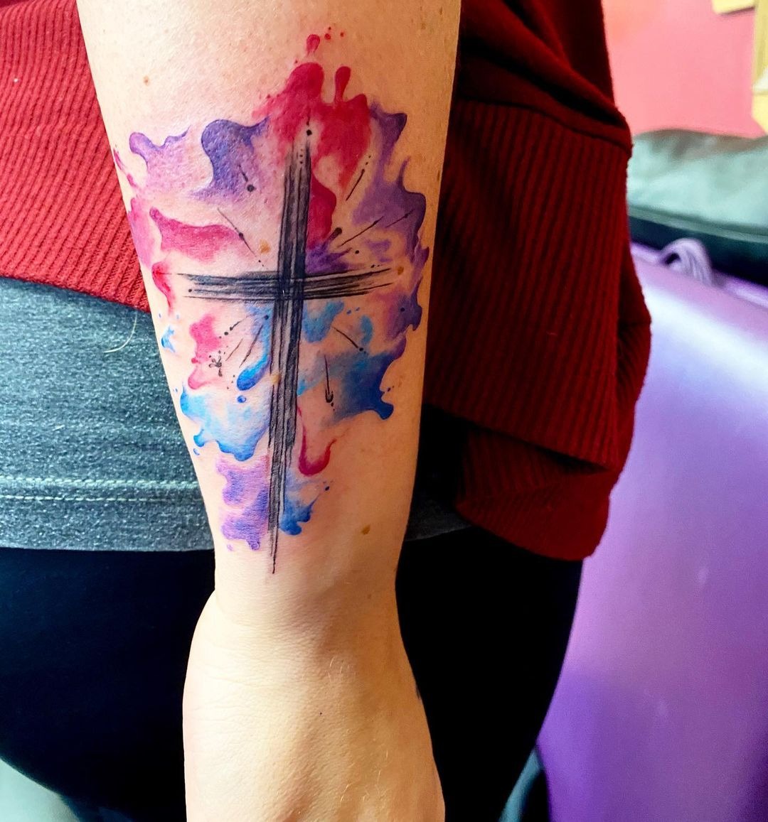 Cross Tattoo Designs: Watercolor Blast with a Streaked Cross Tattoos Tattoo Design