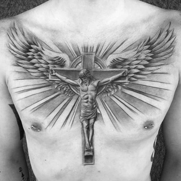 Grey Crucifix on a Celtic Cross Tattoo with Wings Tattoo Design