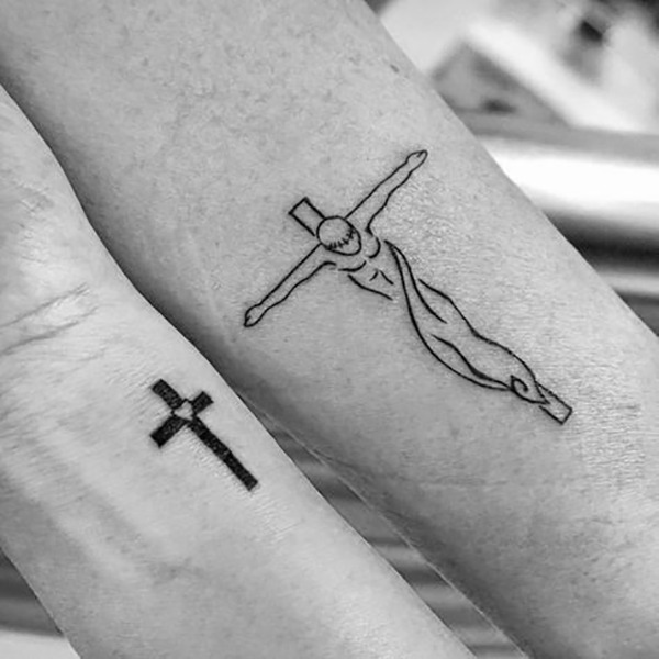 His and Hers Simple Forearm Cross Tattoos Tattoo Design
