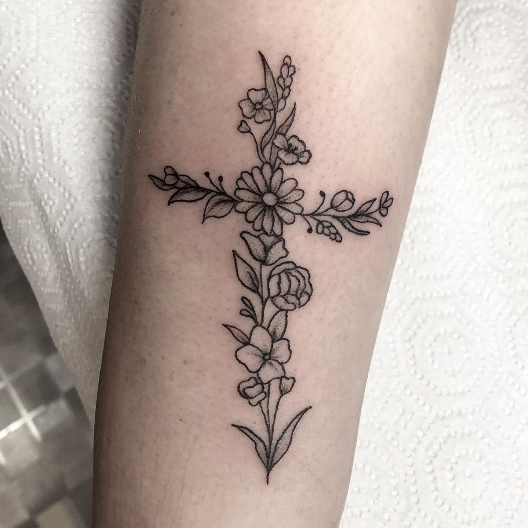 Jesus Cross Tattoo Made of Entirely Flowers Tattoo Design