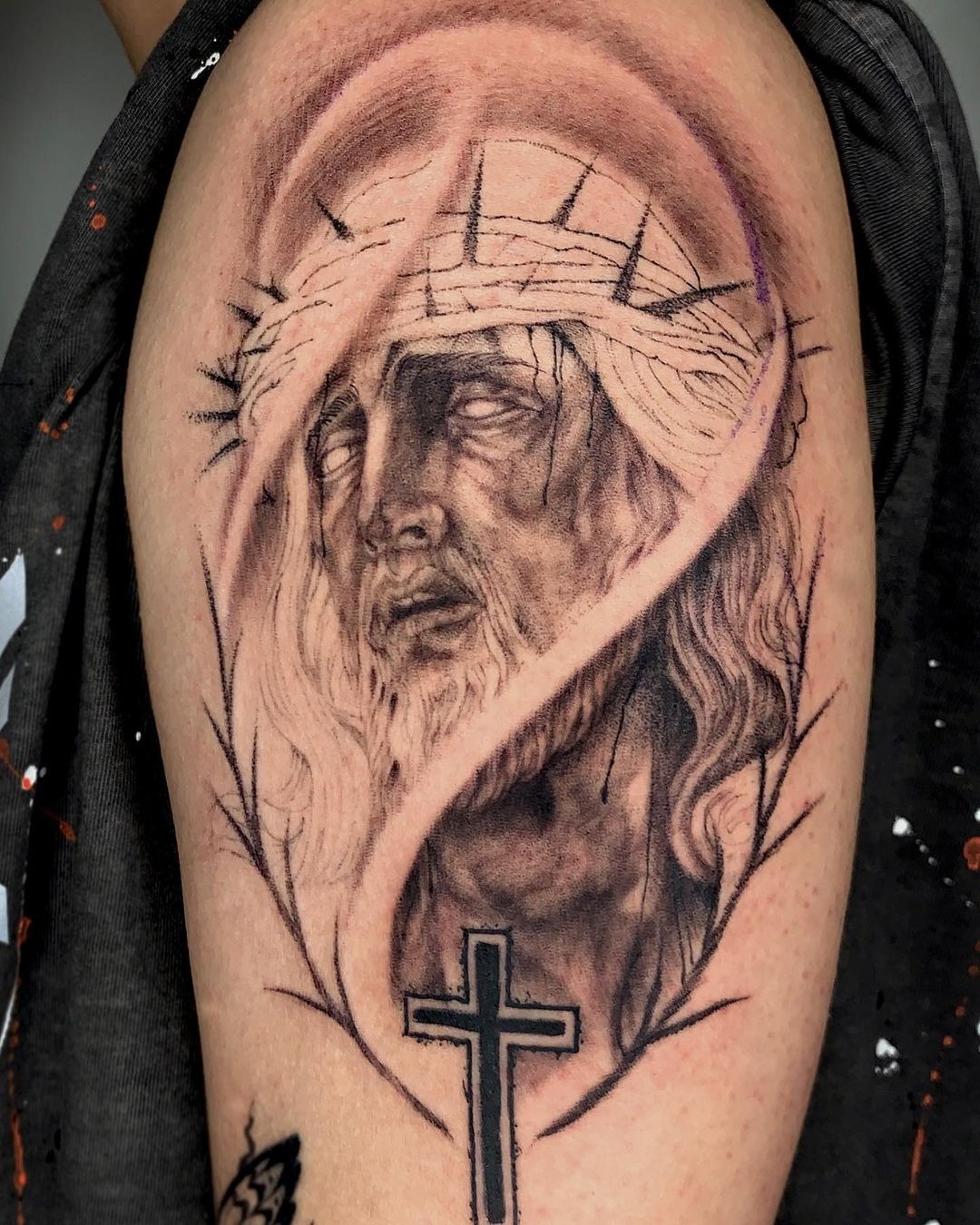 Portrait of Jesus Tattoo with 2D Cross Tattoo Tattoo Design