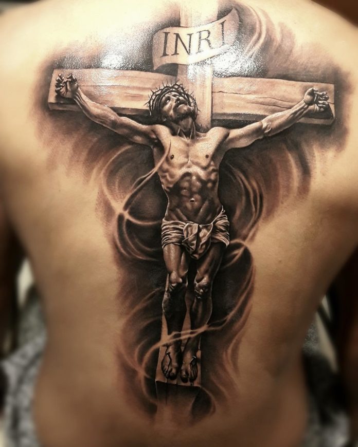 Powerful Tattoo of Jesus on the Cross Tattoo in Vintage Brown Tattoo Design