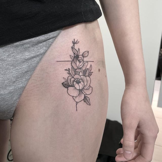 Thin Line Cross Tattoos with Big and Bold Flowers Tattoos Tattoo Design