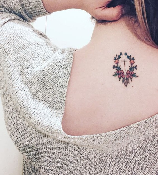 Thinly Lined Cross Tattoos with a Floral Wreath Tattoo Design