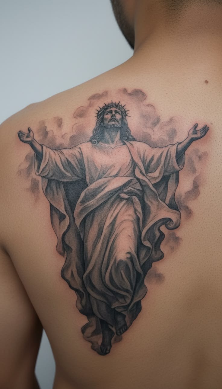 Ascending Jesus Upper Back Tattoo Tattoo Design