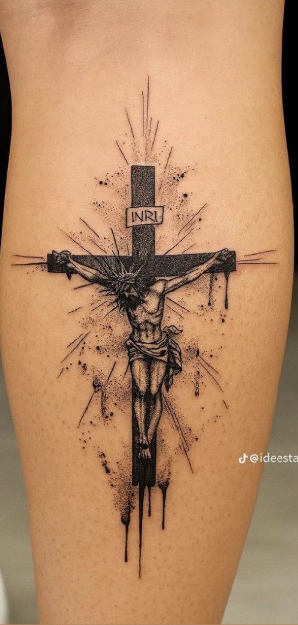 Expressive Crucifix Leg Tattoo Tattoo Design