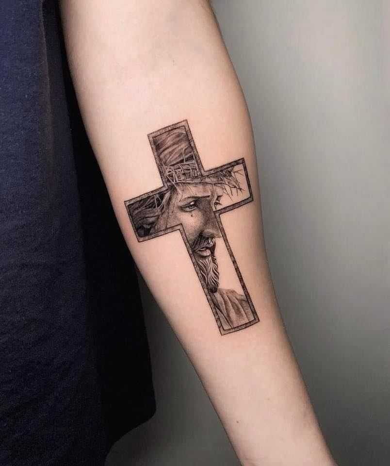 Fine Line Jesus Cross Portrait Tattoo Design