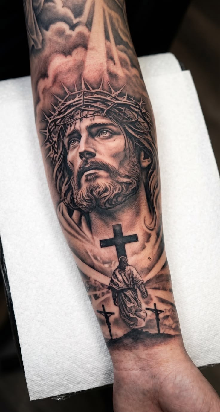 Jesus and Calvary Realism Forearm Piece Tattoo Design