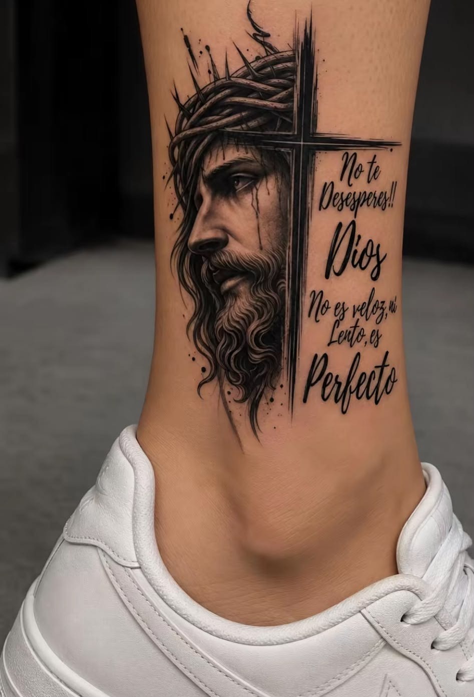 Jesus Portrait With Cross and Spanish Quote Tattoo Design