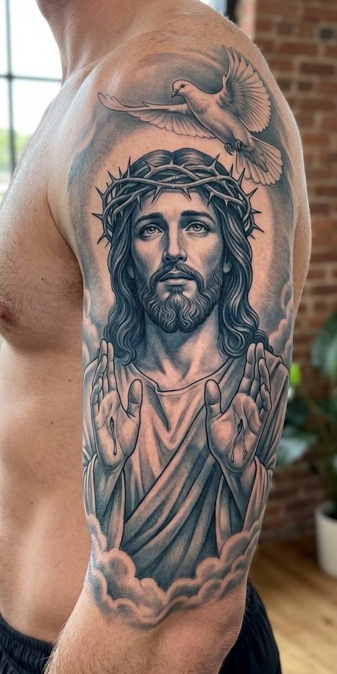 Jesus With Dove Shoulder Sleeve Tattoo Design